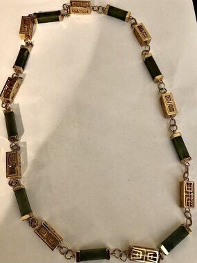 Vintage Nephrite Jade Necklace – Green Jade Beads, with gold tone Accents.